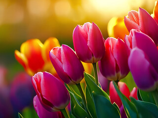 Wall Mural - Pink tulips glowing in the warm spring sunset, perfect for a tranquil floral banner. Copy space.