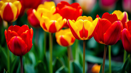 Wall Mural - Lush field of red yellow tulips during a vibrant spring sunset, ideal for a beautiful floral banner.