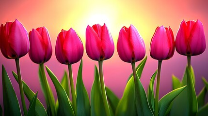 Wall Mural - Spring flower field filled with pink tulips at sunset, perfect for an enchanting floral banner.