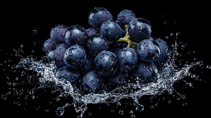 Wall Mural - Juicy dark grapes splashing in water.