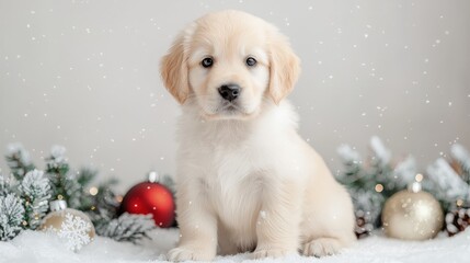 Wall Mural - Adorable golden retriever puppy in a snowy Christmas setting.