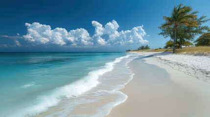 Wall Mural - Idyllic tropical beach with turquoise water, white sand, palm trees, and fluffy clouds under a vibrant blue sky.