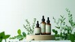 © EddieSnapix - Three brown glass bottles of skincare serums are arranged on a wooden tray. The backdrop features lush green foliage, creating a serene and organic atmosphere for beauty products