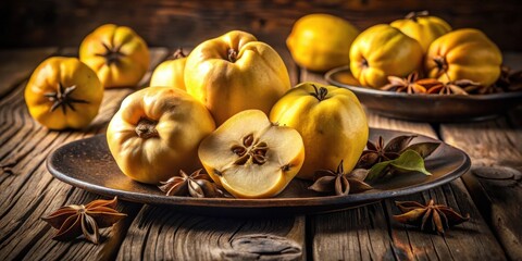 Wall Mural - Golden Quince Fruit and Aromatic Star Anise on Rustic Wooden Table