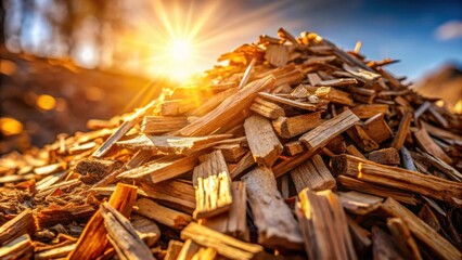 Aufkleber - A close-up view of a pile of wood chips bathed in warm sunlight, creating a sense of warmth and rustic charm.