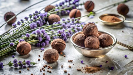 Poster - A bowl of chocolate truffles surrounded by purple flowers and scattered spices on a textured surface.