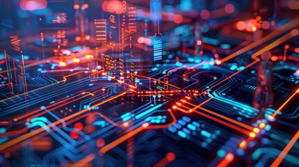 Wall Mural - abstract digital cityscape: neon circuit board metropolis