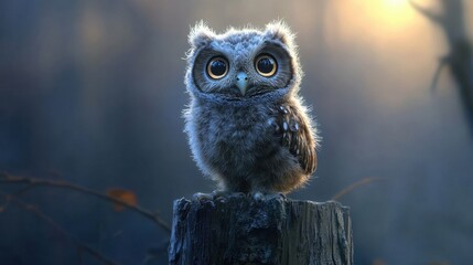 A small owl is sitting on a log in the woods. The owl has big eyes and is looking at the camera. The image has a calm and peaceful mood, as the owl is in its natural habitat and he is content