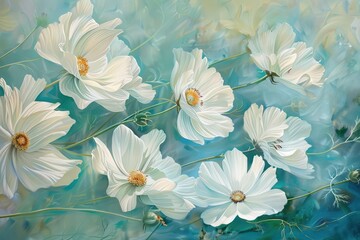 Fototapete - Colorful pink flowers bloom softly against a serene blue backdrop, creating a tranquil atmosphere in a garden during late spring