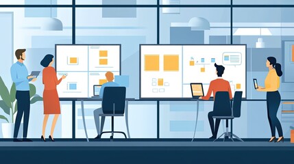 Team collaborating on project using large digital displays in modern office.