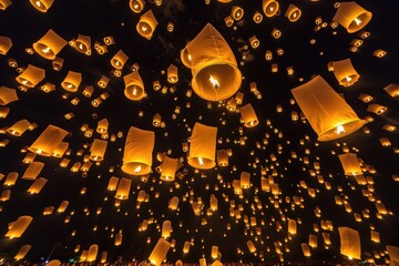 Wall Mural - breathtaking display of floating lanterns illuminating the night sky during a festive celebration in