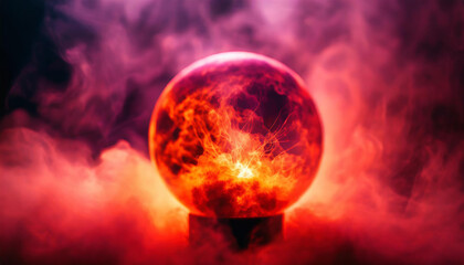 Wall Mural - abstract round magical energy sphere. glowing electric ball in neon red orange clouds of smoke.