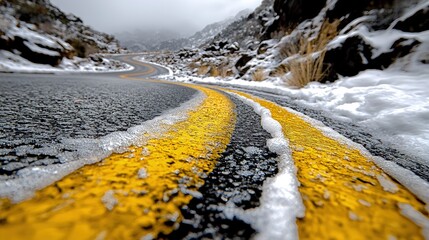 Canvas Print - Winding snowy road with yellow lines. (1)