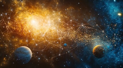 Wall Mural - cosmic network connecting planets in a vibrant nebula.