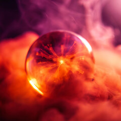 Wall Mural - abstract round magical energy sphere. glowing electric ball in neon red orange clouds of smoke.