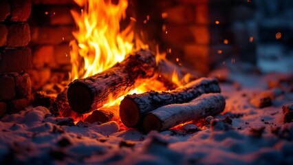 Wall Mural - burning fireplace with glowing logs and flames, cold winter night, cozy fireplace with crackling log