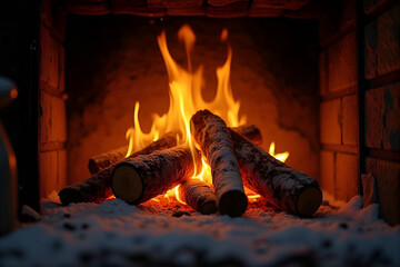 Wall Mural - burning fireplace with glowing logs and flames, cold winter night, cozy fireplace with crackling log