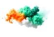 © Design - India flag colure blast organe, white, Green powder splash rainbow background paint holi smoke colour . Powder color splash explosion dust ink burst splatter white texture isolated 26 january republic