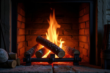 Wall Mural - burning fireplace with glowing logs and flames, cold winter night, cozy fireplace with crackling log