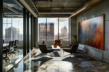 Poster - Modern office space featuring collaborative work areas and vibrant art in a stylish corporate environment