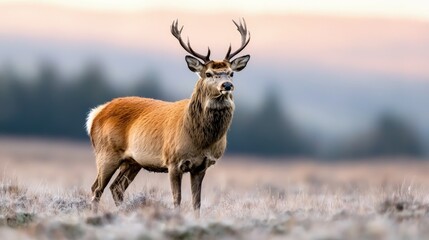 Sticker - Majestic red deer stag in a frosted field at dawn.