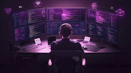 A programmer sitting in a dark room illuminated by multiple monitors, each displaying complex codes, data analytics, and real-time cloud computing tasks. Holographic interfaces and