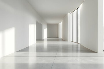  A minimalist interior space with smooth walls and large windows, emphasizing light and openness.