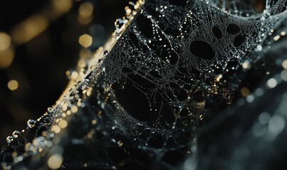 Intricate detail of a spiderweb covered in dewdrops, every thread visible. .