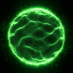 Wall Mural - neon green energy sphere of particles and waves of magical glowing. abstract round shape.