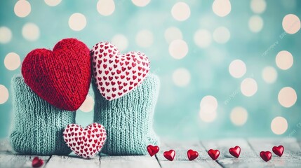 Canvas Print - Two knitted hearts, one small heart, and red hearts on wooden surface.