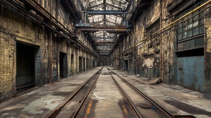  An abandoned industrial space with rusted tracks and weathered walls.