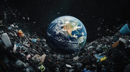 Wall Mural - Artistic representation of Earth as trash surrounded by debris on a dark black background, highlighting ecological problems.