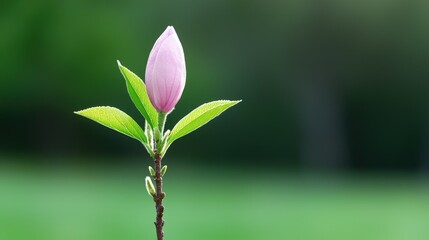 Wall Mural - Pink magnolia bud on a branch with green leaves against a blurred green background.