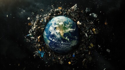 Wall Mural - Artistic representation of Earth as trash surrounded by debris on a dark black background, highlighting ecological problems.