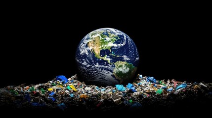 Wall Mural - Conceptual image of Earth depicted as trash on a black background, emphasizing global waste and ecological concerns.