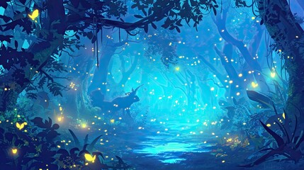 Aufkleber - Mystical forest filled with glowing fireflies and soft blue light creating an enchanting atmosphere during twilight