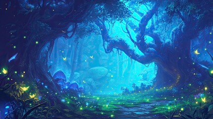 Aufkleber - Mystical forest filled with glowing fireflies and soft blue light creating an enchanting atmosphere during twilight