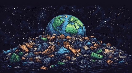 Wall Mural - Planet Earth stylized as a pile of garbage on a dark background, symbolizing humanity's ecological footprint.