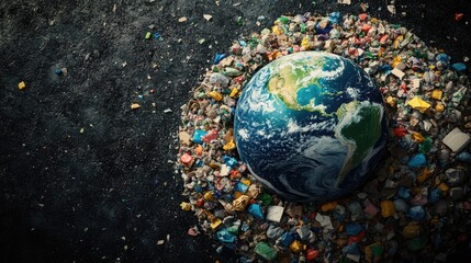 Wall Mural - Planet Earth stylized as a pile of garbage on a dark background, symbolizing humanity's ecological footprint.