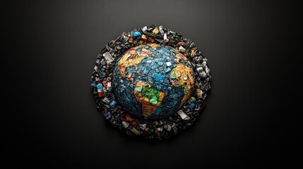Wall Mural - Planet Earth stylized as a pile of garbage on a dark background, symbolizing humanity's ecological footprint.
