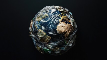 Wall Mural - Planet Earth wrapped in waste materials, lying on a black background, symbolizing pollution and environmental neglect.