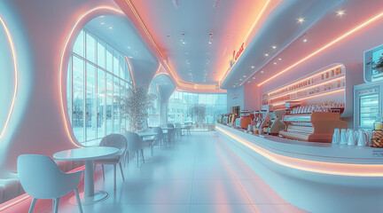 Leinwandbilder - Neon architecture, coffee shop interior design, bright, airy.