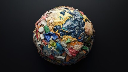 Wall Mural - Planet Earth wrapped in waste materials, lying on a black background, symbolizing pollution and environmental neglect.