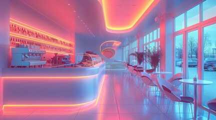 Leinwandbilder - Neon architecture, coffee shop interior design, bright, airy.