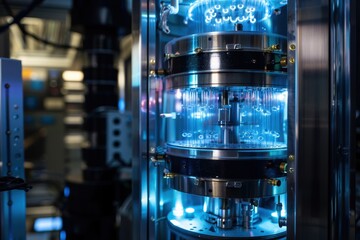 Fototapete - Complex quantum computing hardware showcases vibrant colors in a modern laboratory environment