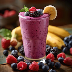 Canvas Print - A vibrant berry banana smoothie in a tall glass, featuring a rich, creamy blend of purple and pink hues. topped with a few fresh berries like blueberries, raspberries, and blackberries.