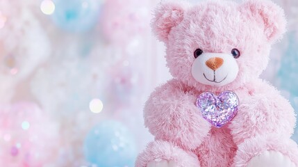 Canvas Print - Pink teddy bear holding purple heart, bokeh background.