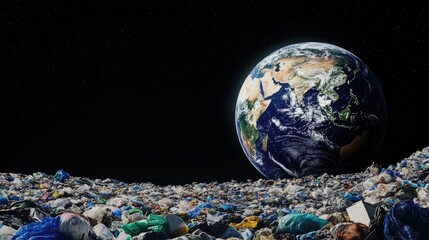 Wall Mural - Trash-themed Planet Earth against a black void, illustrating the pressing issue of environmental damage and global waste.
