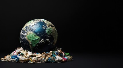 Wall Mural - Trash-themed Planet Earth against a black void, illustrating the pressing issue of environmental damage and global waste.