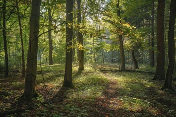 Poster - Sunlight filters through trees in a serene forest path surrounded by vibrant greenery during early morning hours